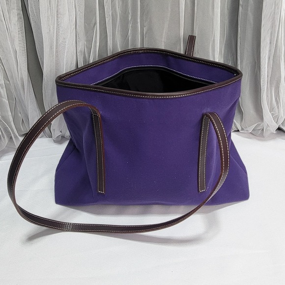 Purple Canvas 17" Shoulder Bucket Bag Carrying Tote with Brown Straps - Picture 7 of 11